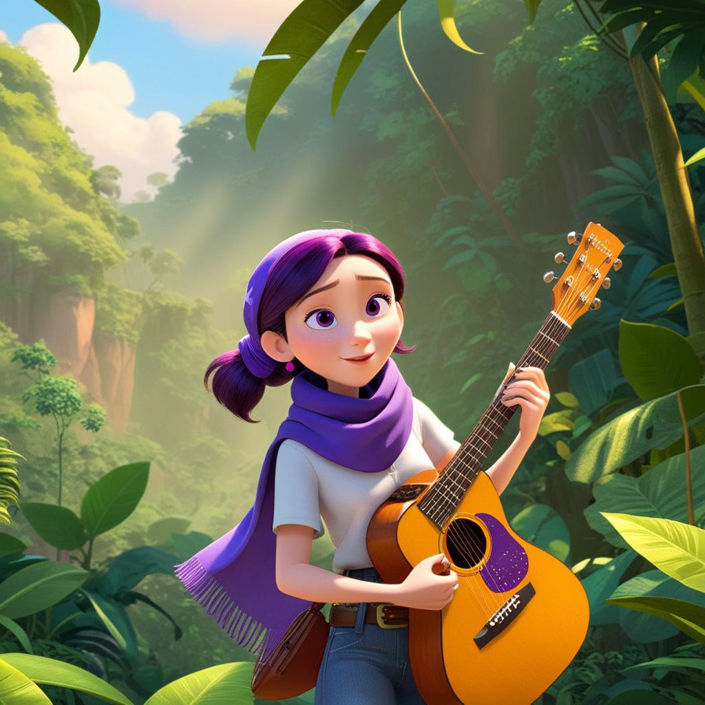 girl wearing a purple scarf while holding a guitar in the jungle ...